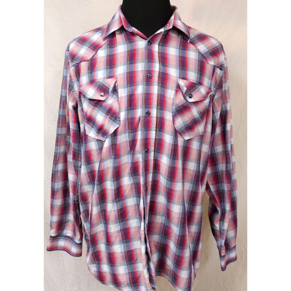 GC Blue Mens XL Red Blue Plaid Pearl Snap Long Sleeve Cowboy Western Shirt